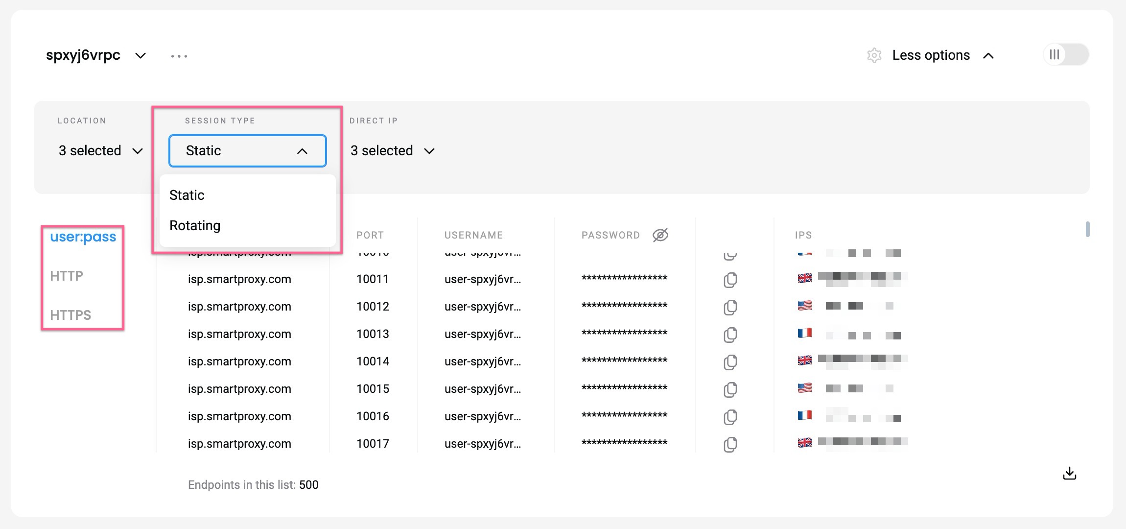 Session type and Protocol selection.