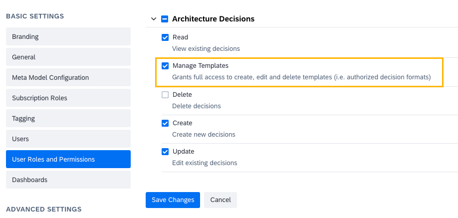 Adjusting Permissions for Architecture Decision Templates for a Non-Admin User Role