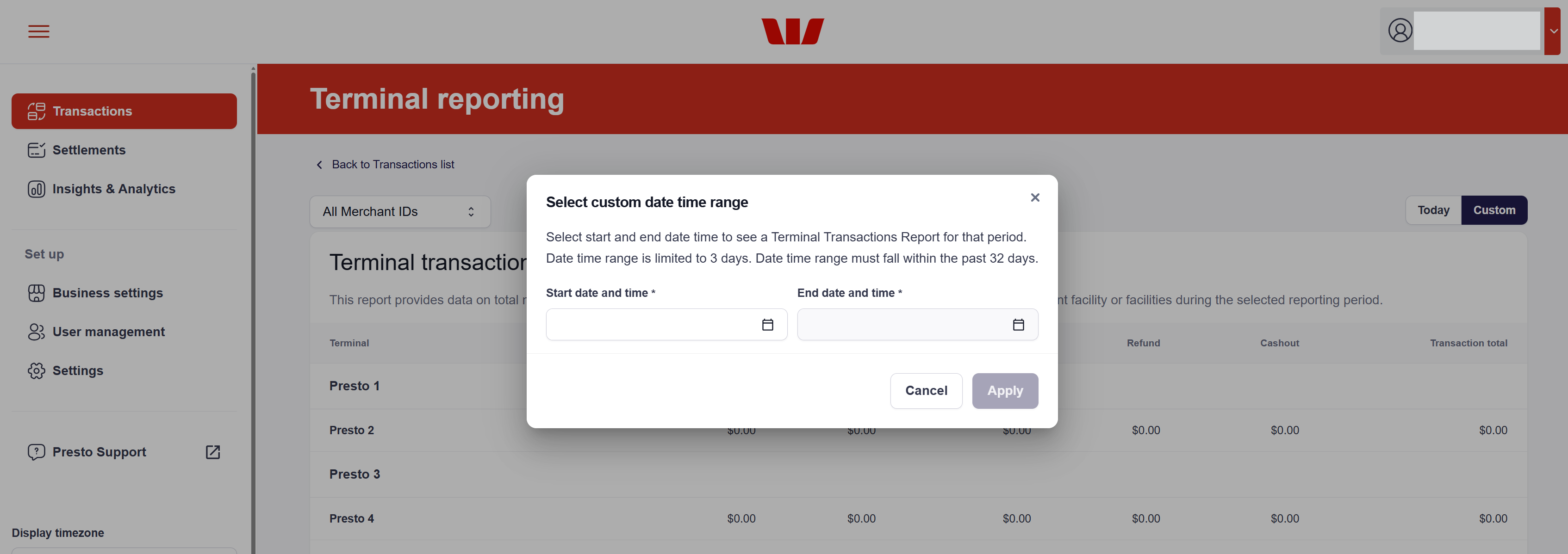 Custom date range for terminal reporting