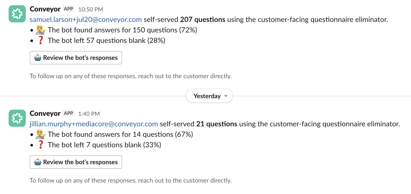 A Slack message from the ConveyorAI app: a customer self-served 21 questions using the customer-facing questionnaire eliminator; the bot found answers for 14 questions (67%) and left 7 questions blank (33%), with a 'Review the bot's responses' button.