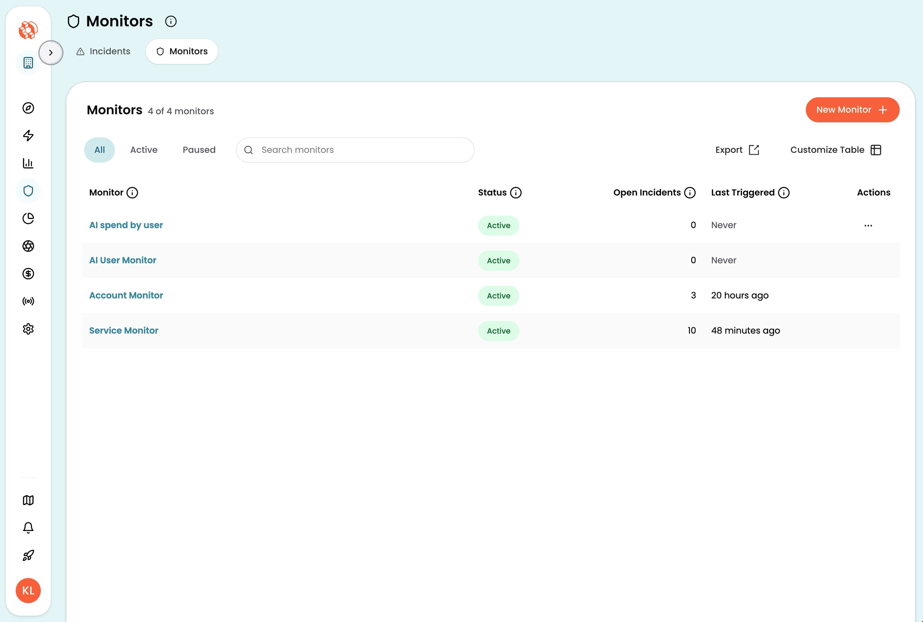 CloudZero Monitors tab showing the results table and the New Monitor button