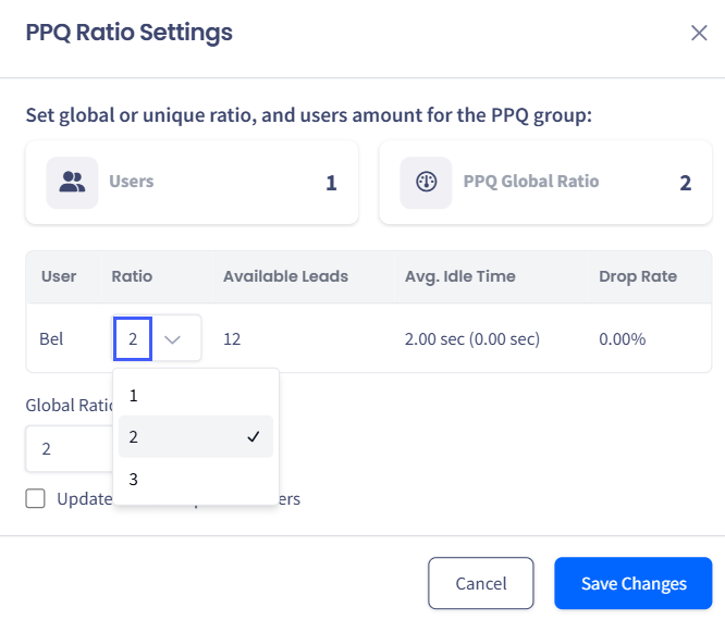 Screenshot of updating ratio for PPQ agents