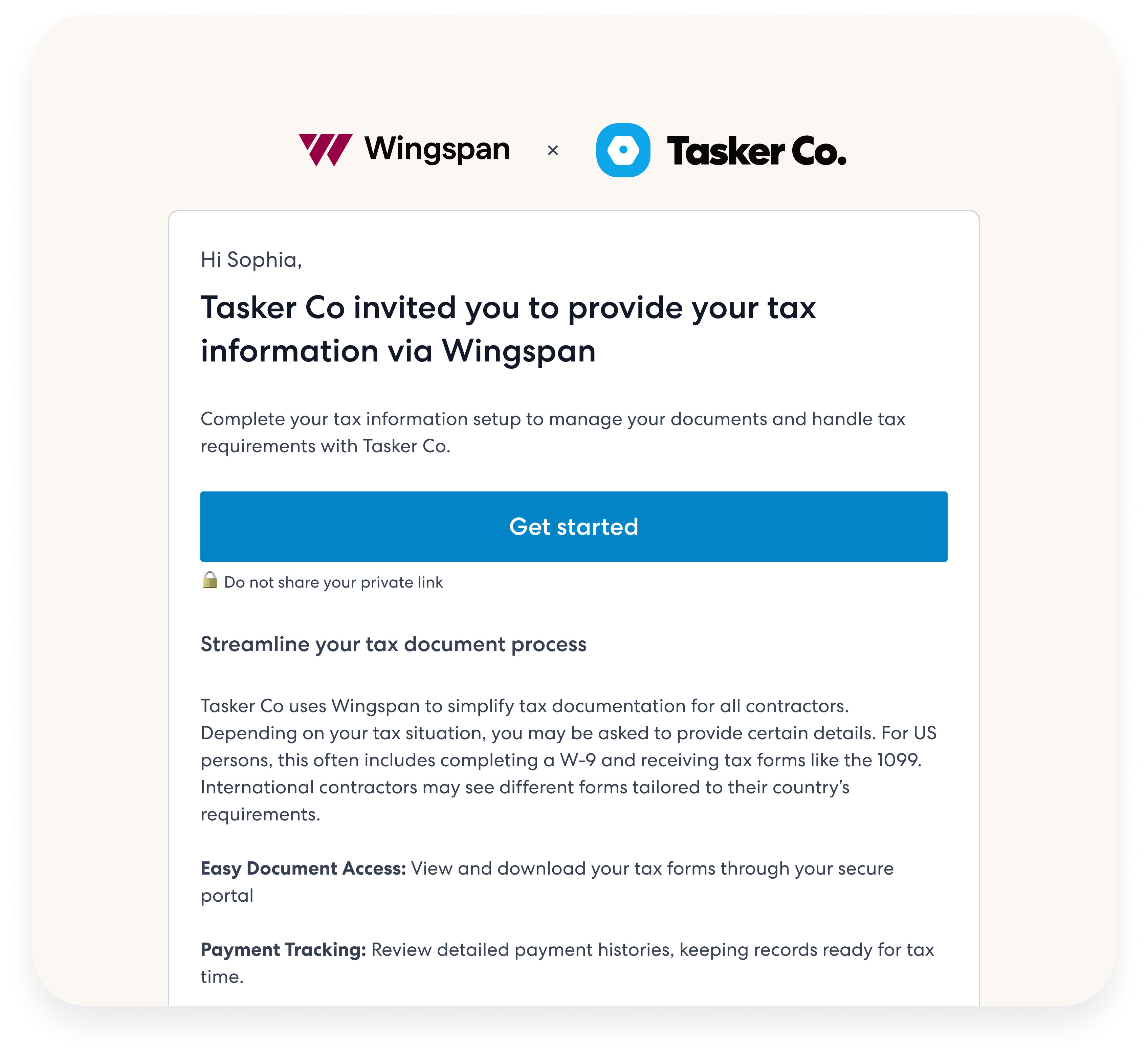 Invite email for contractors who have not yet provided their tax information via Wingspan