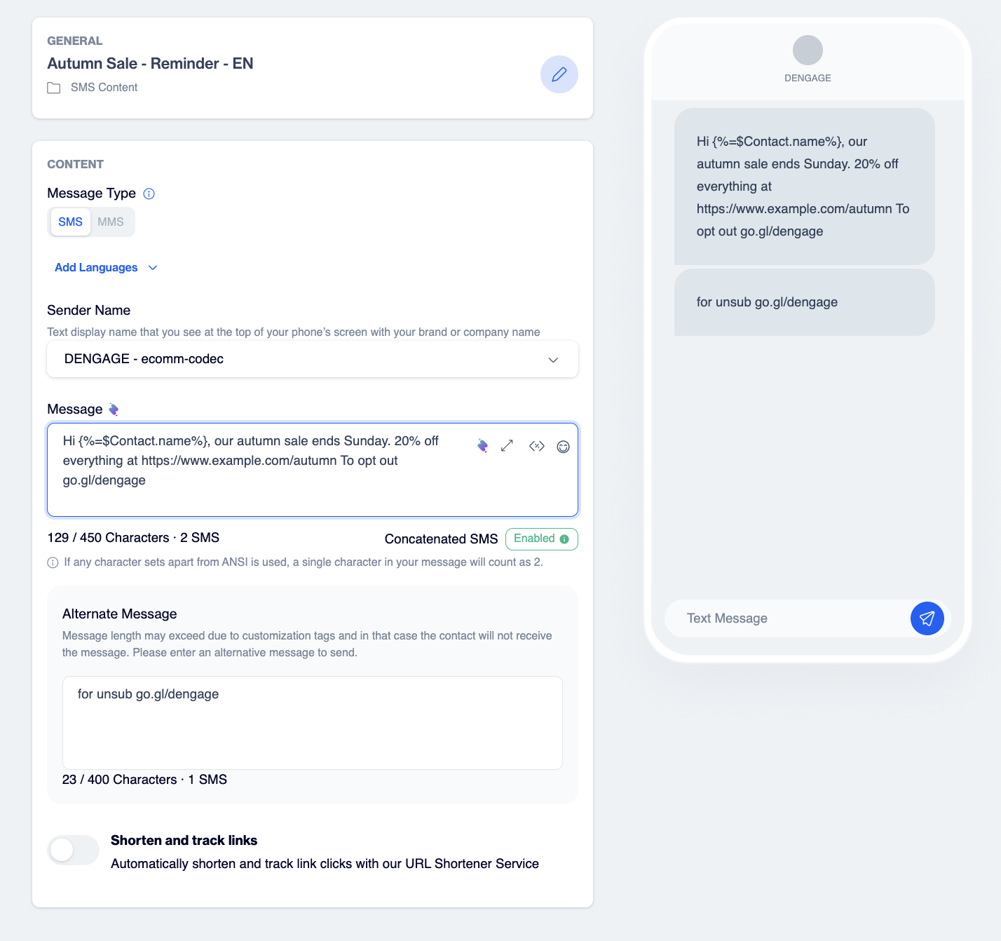 _The Content card with a sender name selected, a message typed in the Message box, the three icons for AI assistant, customization and emoji, the counter reading 53 / 400 Characters 1 SMS, the Concatenated SMS Enabled badge and the Shorten and track links toggle. _