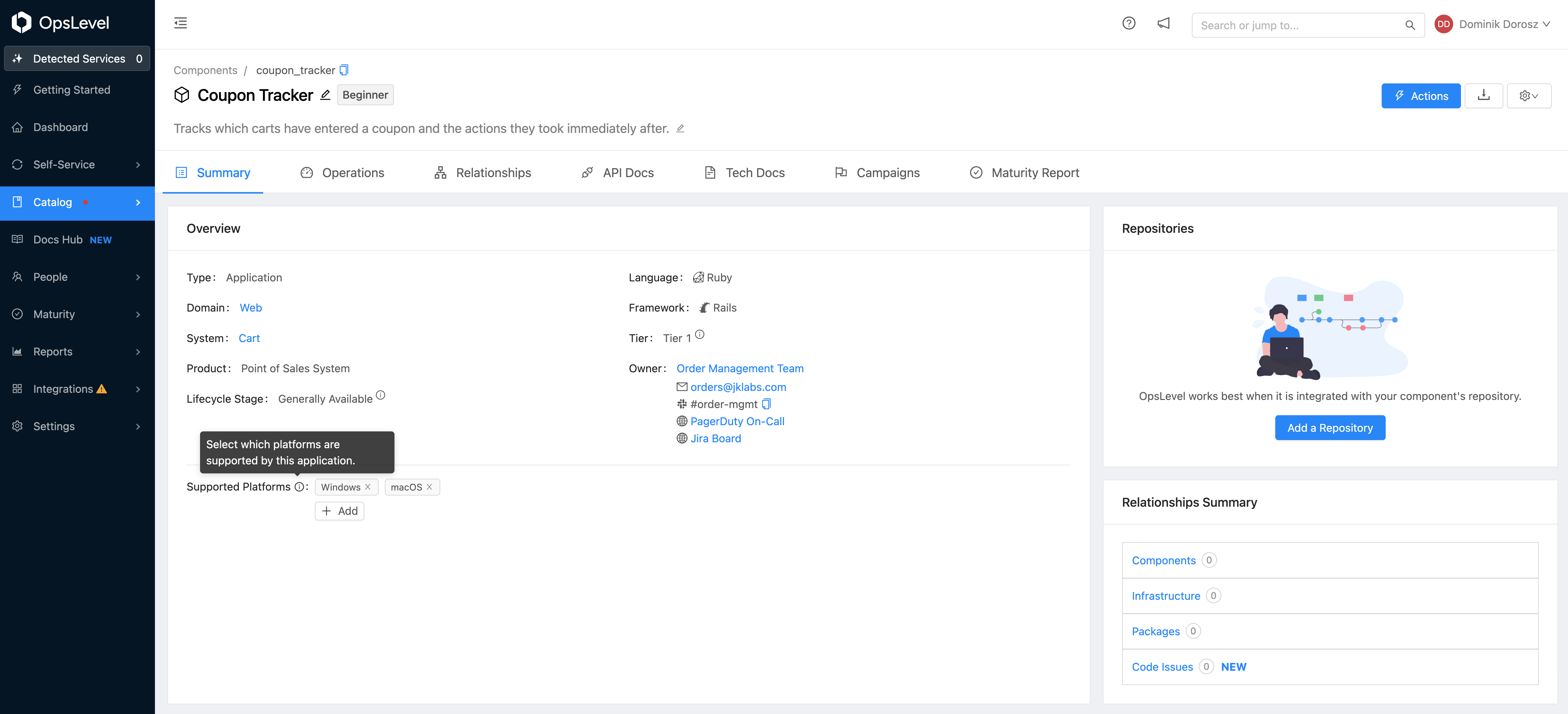 Component Overview UI card showing custom property fields.