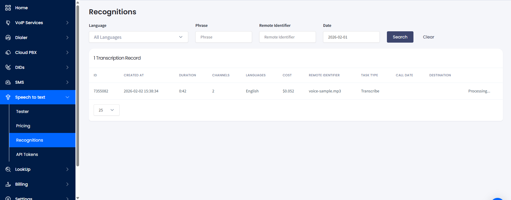 Screeenshot of the Speech to text > Recognitions tab