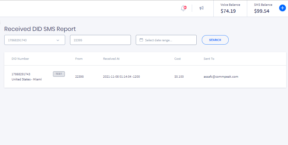 Screenshot with the Received DID SMS Report page