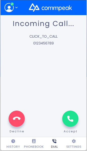 Screenshot with a Click2Call incoming call