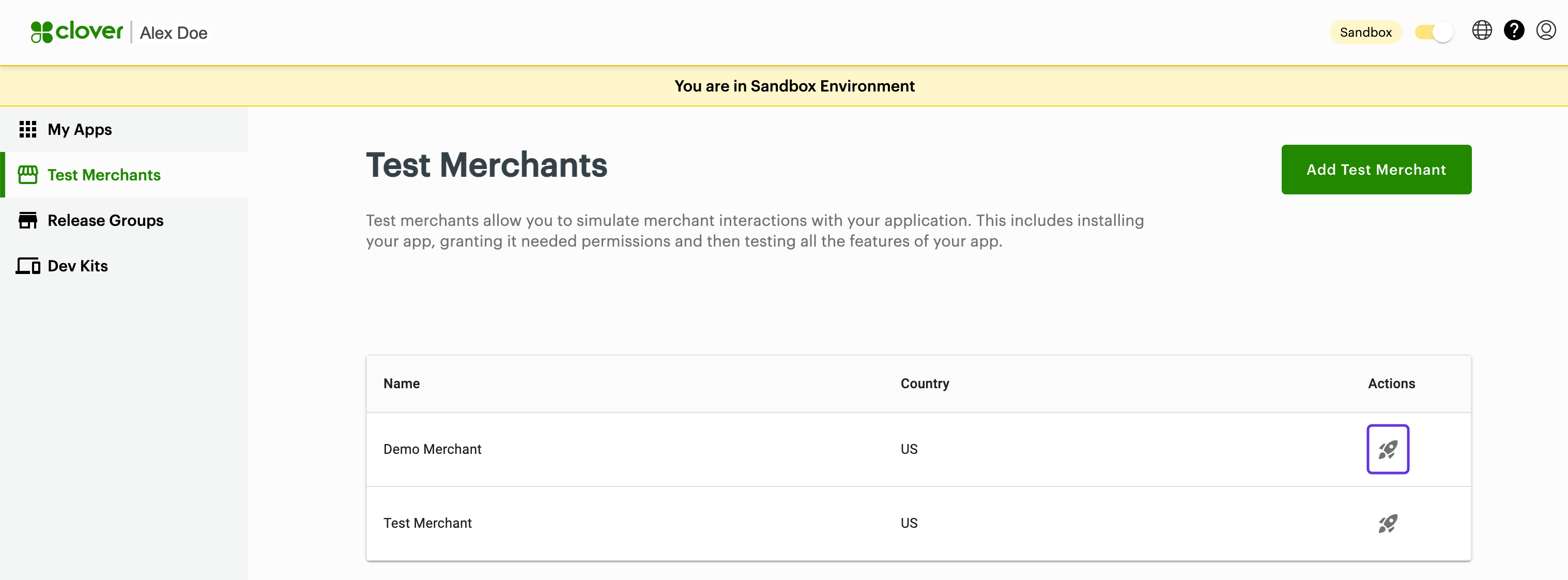 Global Developer Dashboard: Test Merchants