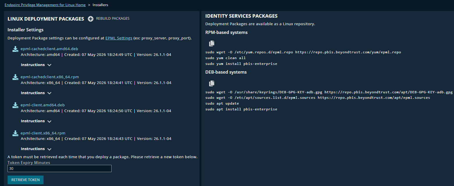 EPM for Linux Installers page showing Linux deployment package downloads and Identity Services repository install commands for RPM and DEB systems.