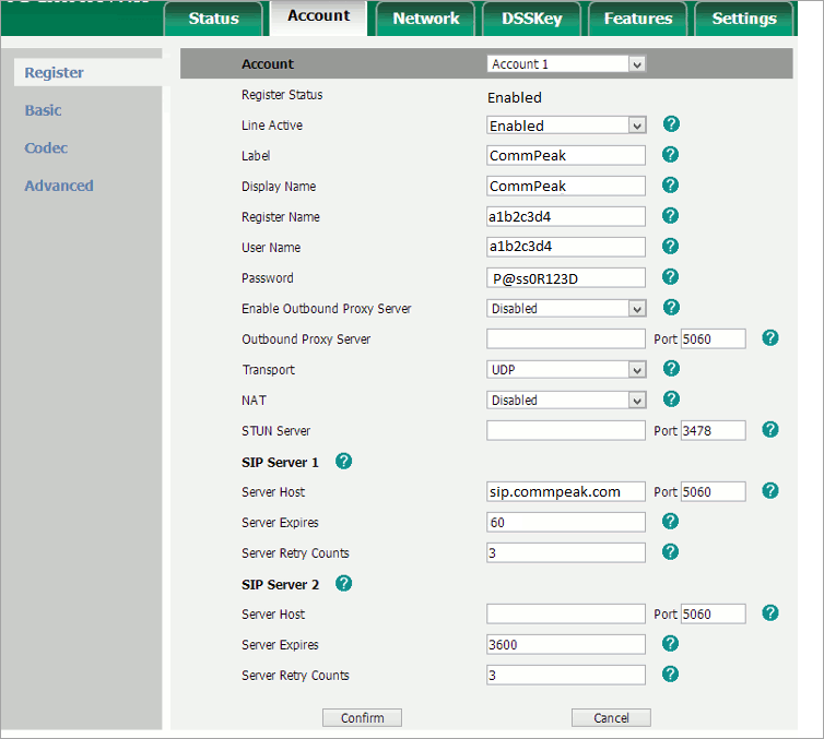 Screenshot of the screen with Yealink **Account**  form