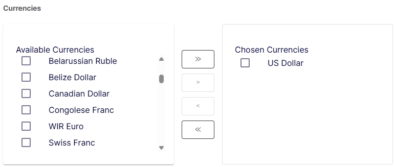 Currencies section of the Create Market form with Available Currencies and Chosen Currencies panels