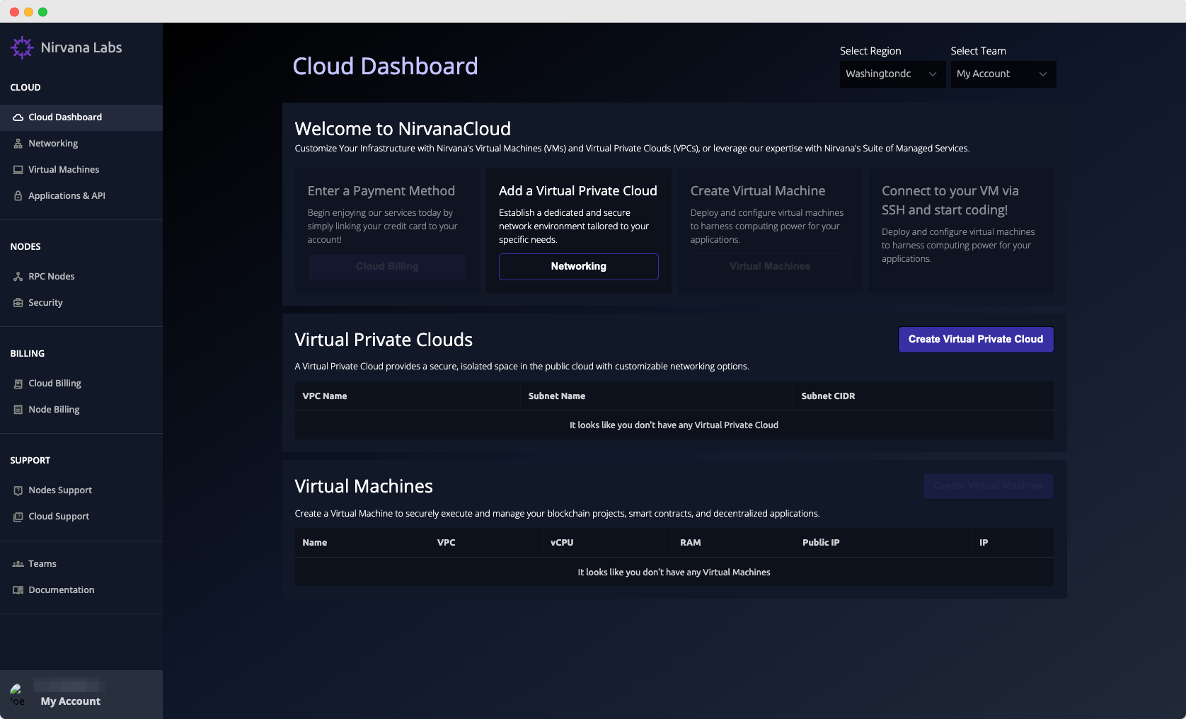 Nirvana Cloud Dashboard