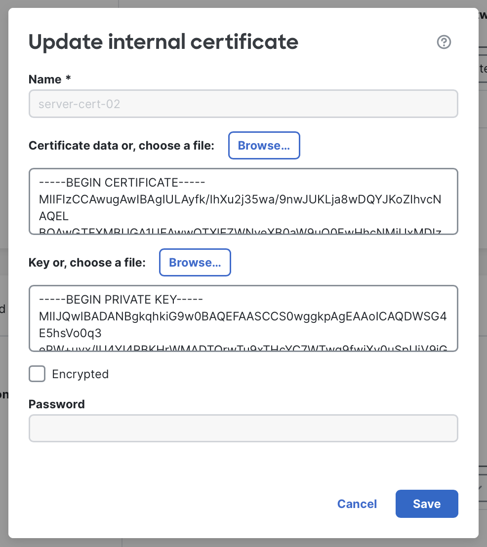 Update internal certificate dialog with new certificate and key details pasted in