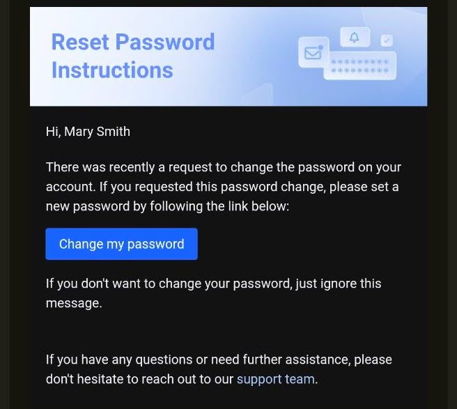Screenshot of the email with password reset instructions
