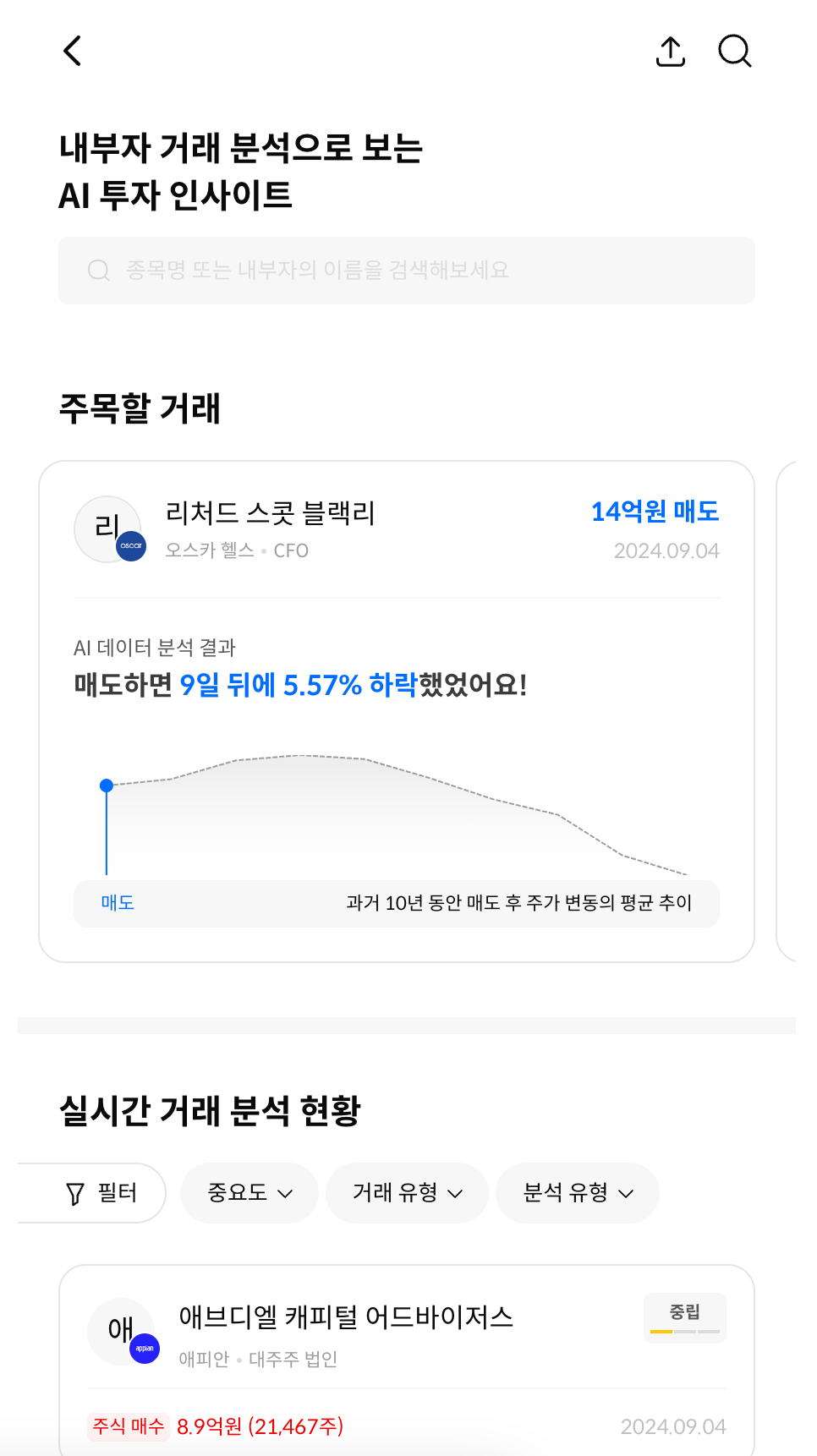 내부자 거래 위젯 종합 페이지