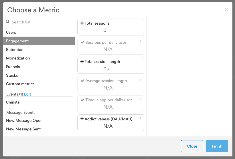 Click the + Metric tile in Analytics to reveal the Choose a Metric window.