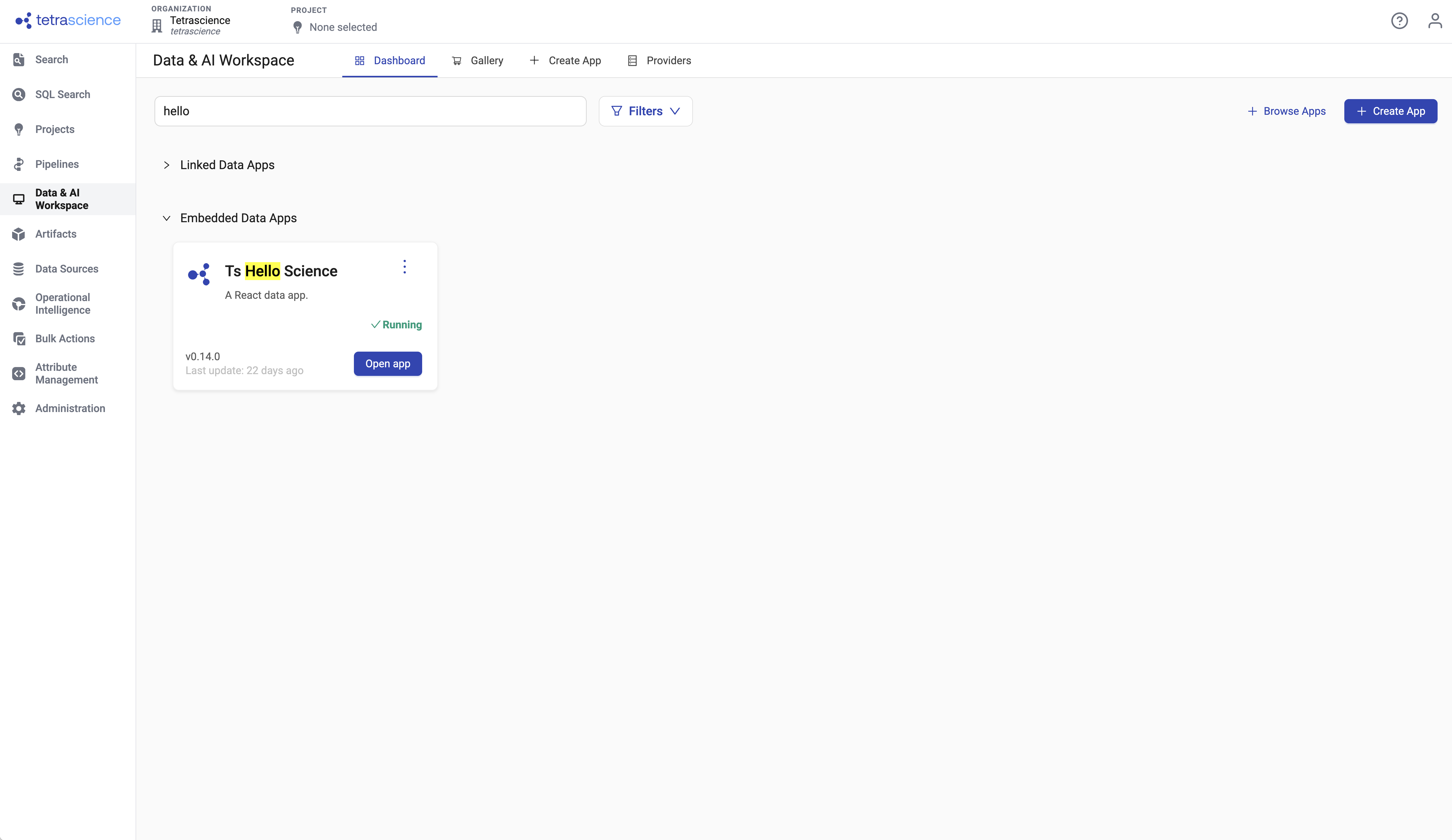 the published app tile in the Tetra Data & AI Workspace gallery