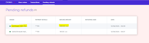 The screenshot displays the list of pending refunds in the queue.