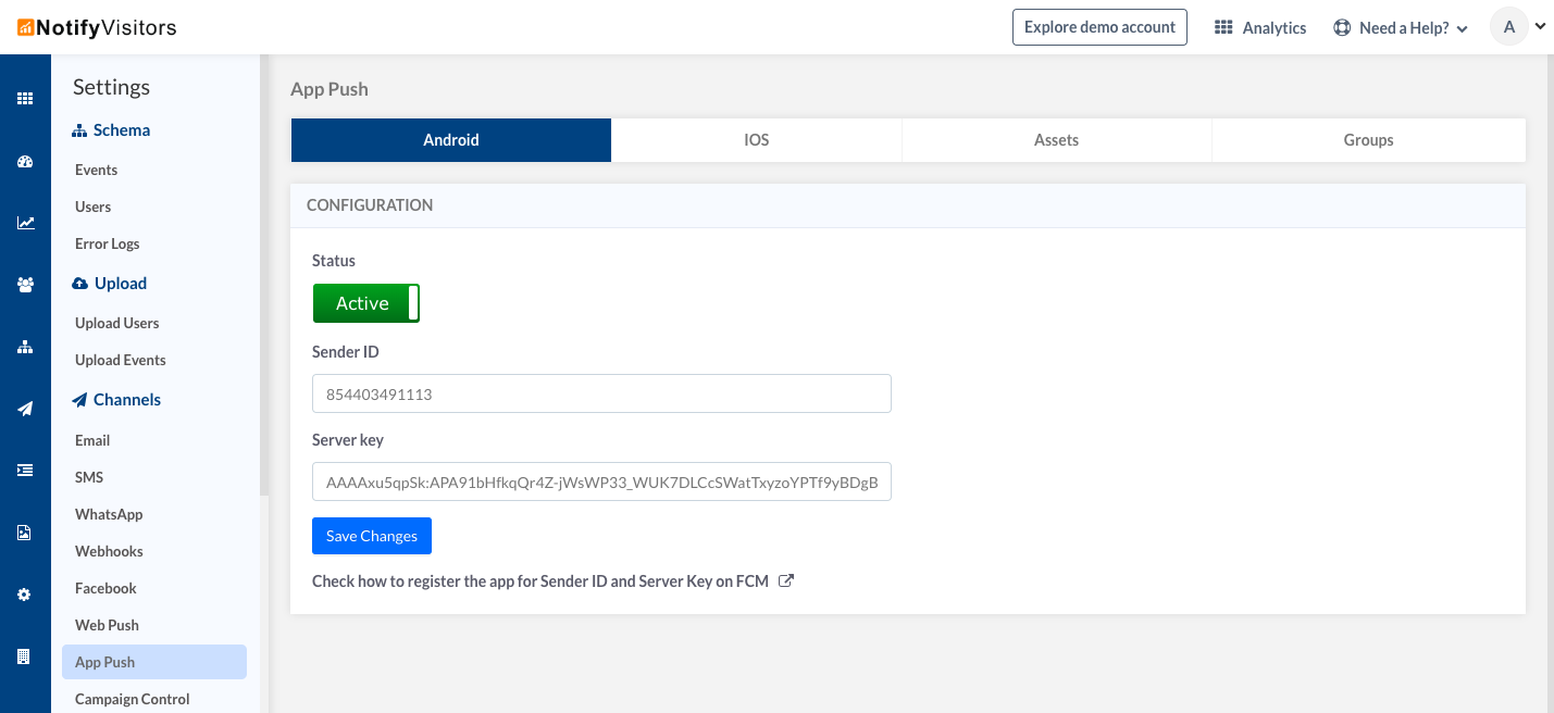 Configure Sender Id and Legacy server key on NotifyVisitors Panel