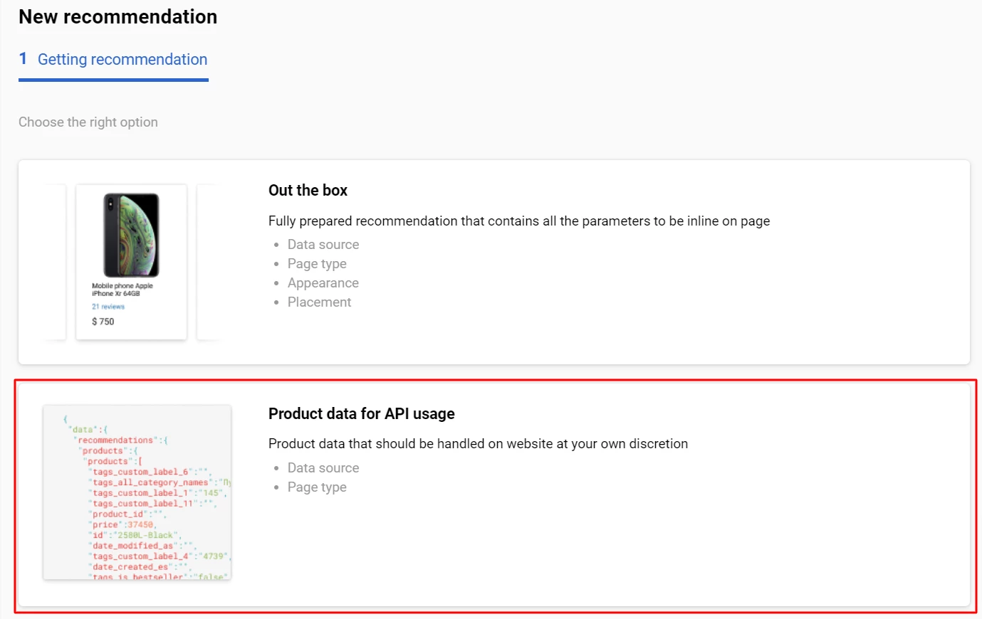 Product data for API usage