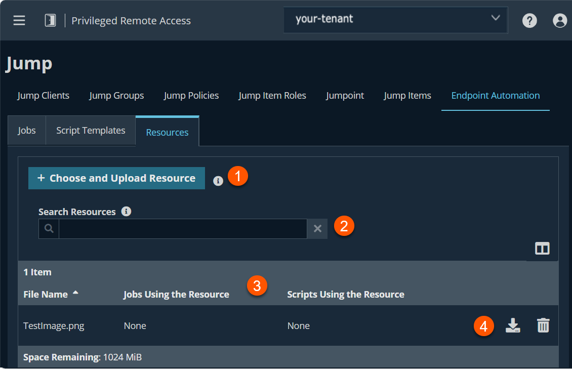 An image of the Privileged Remote Access interface showing the "Jump" section under "Endpoint Automation." The interface includes tabs for Jobs, Script Templates, and Resources. The Resources tab is selected, displaying options to choose and upload a resource, search resources, and a list of items with columns for file name, jobs using the resource, and scripts using the resource.
