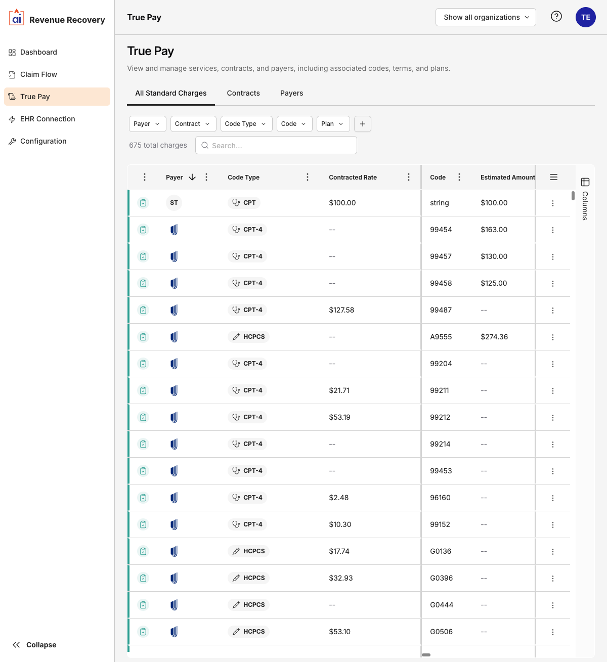 All Standard Charges tab showing the unified cross-contract view with payer, code type, and rate columns
