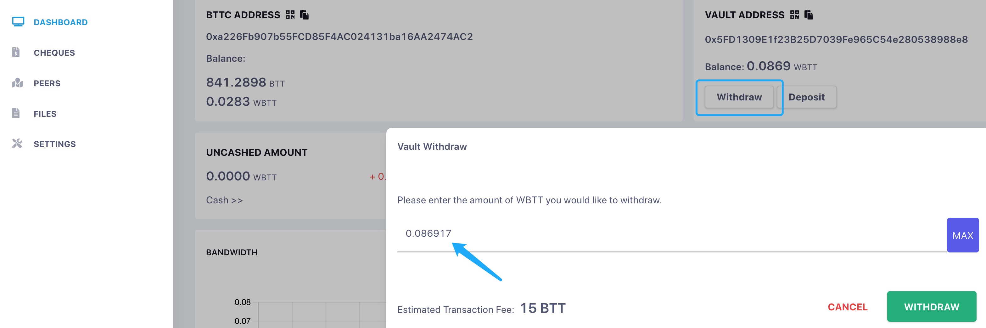 Withdraw WBTT from VAULT ADDRESS to BTTC ADDRESS