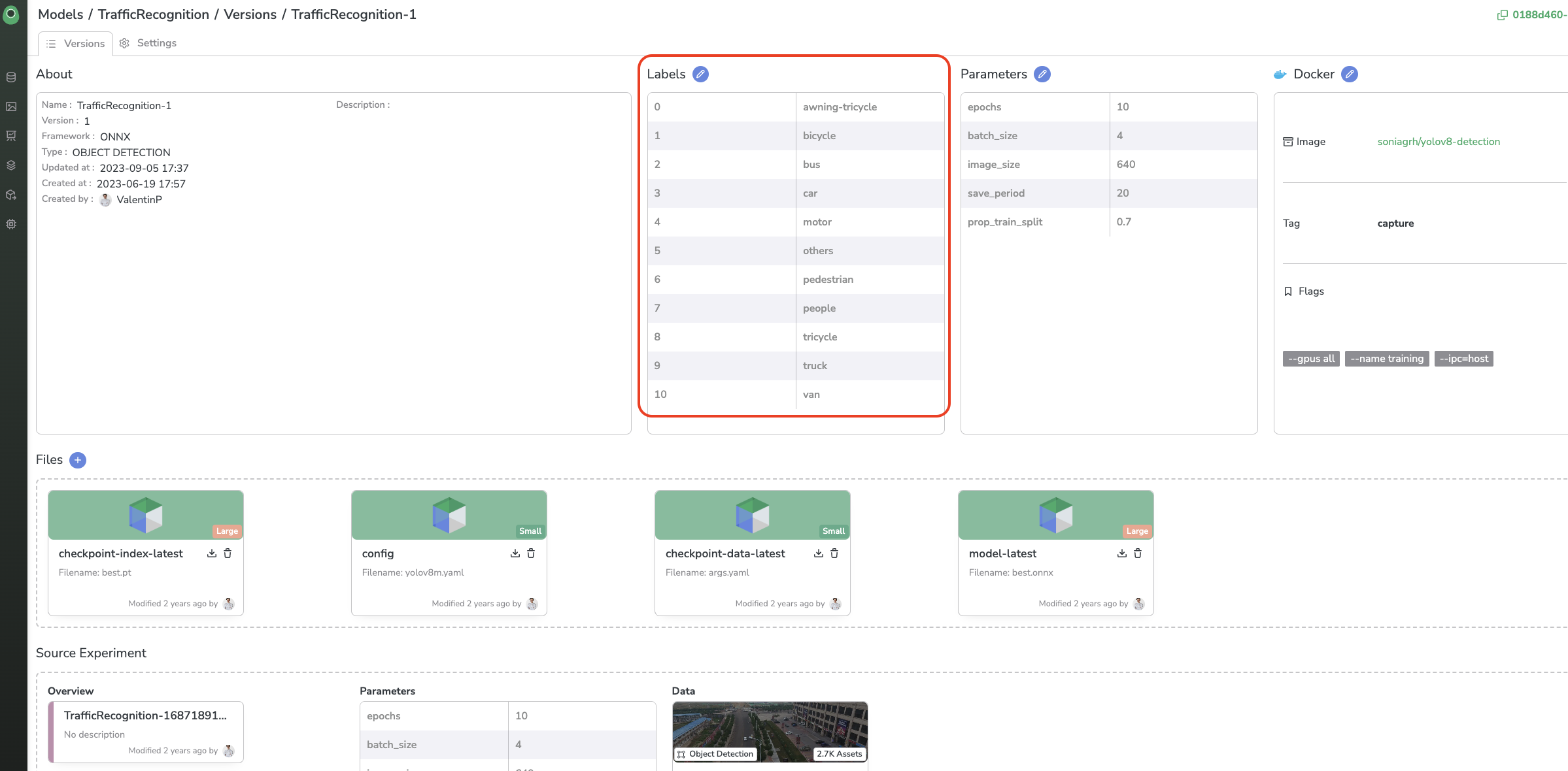 Labels detected by the selected `ModelVersion`