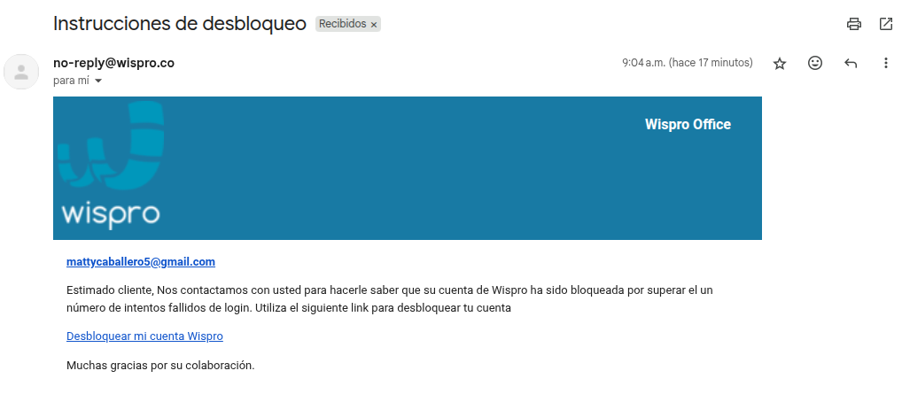 email instrucciones desbloqueo usuario wispro