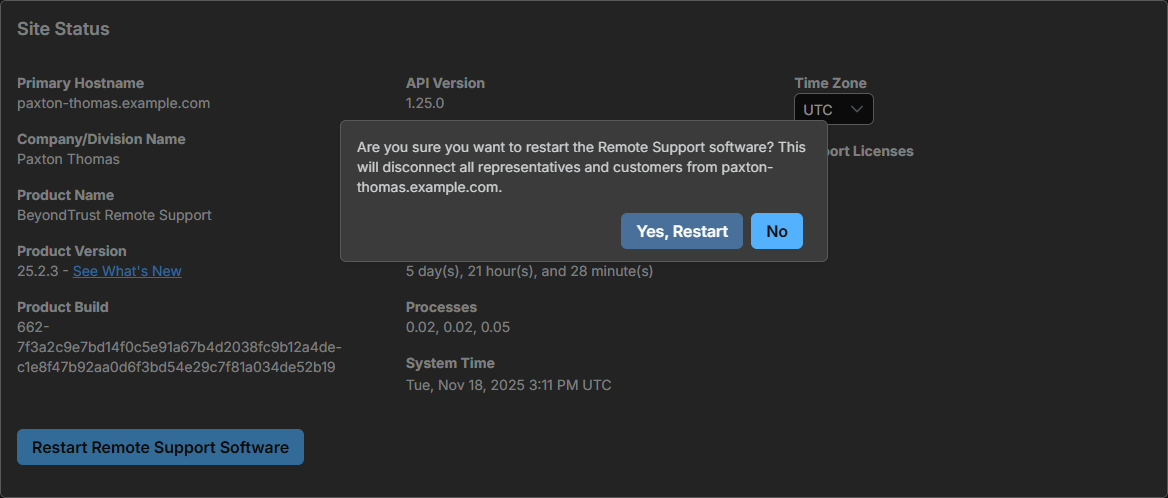 Are you sure you want to restart the Remote Support software? This will disconnect all representatives and customers from paxton-thomas.example.com.