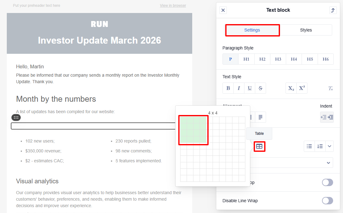 Selecting table size