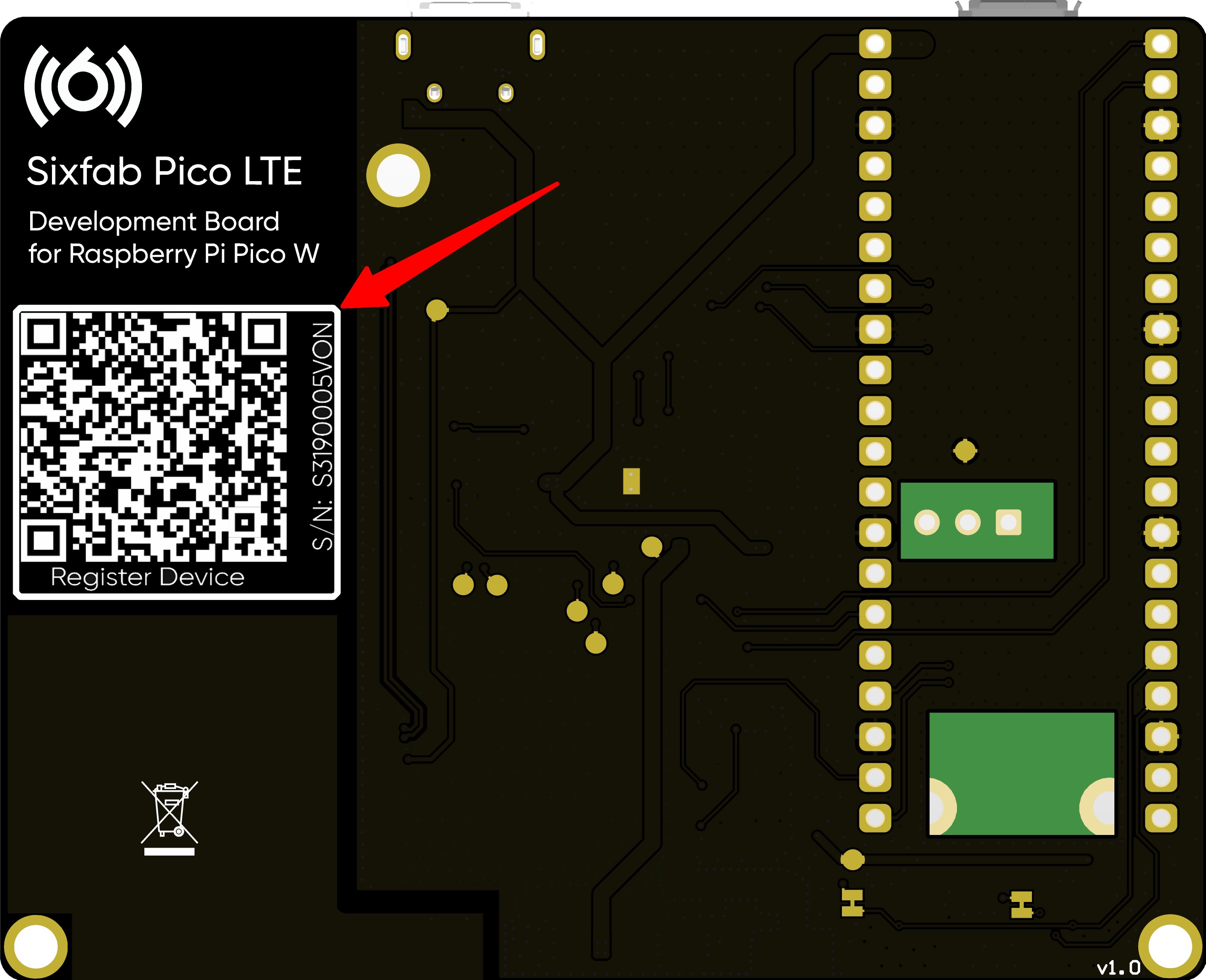 Scan the QR code on the back of the board to register the Pico LTE