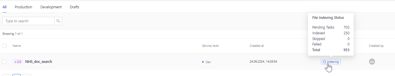 A mouse over the indexing status and a popup window called File Indexing Status with the count of files per each of these statuses: Pending tasks, Indexed, Skipped, Failed, Total