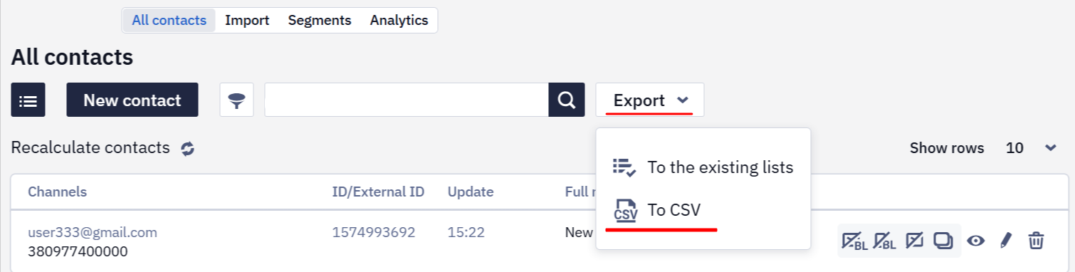 Export button with To CSV option selected