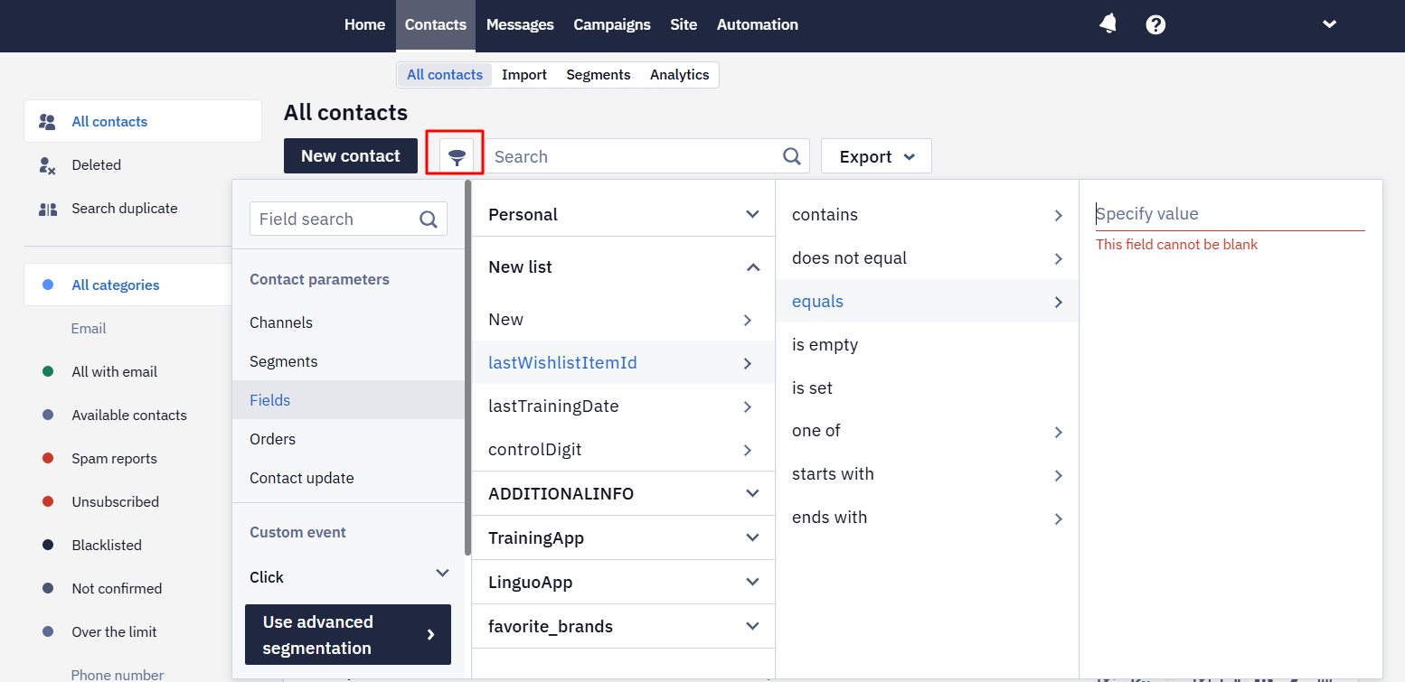 Advanced filter funnel icon beside the Search field