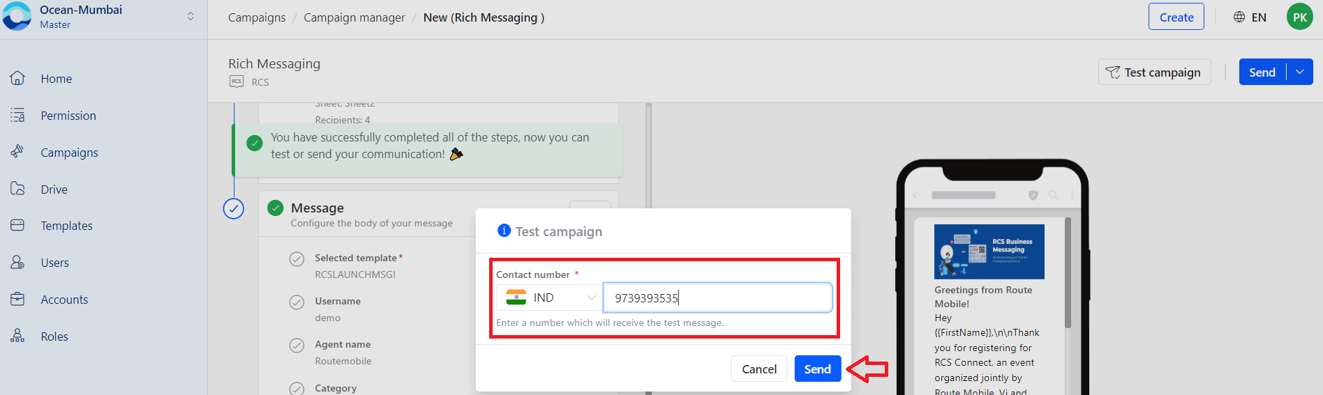RBM test campaign contact entry