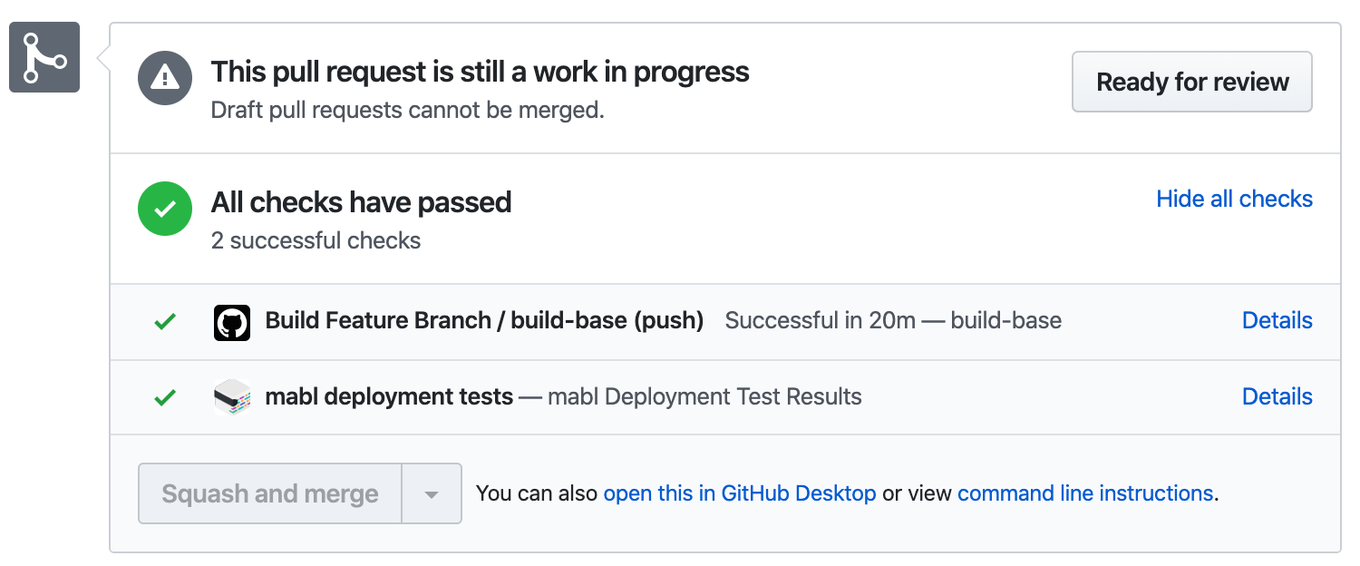 mabl test results shown as a GitHub PR check