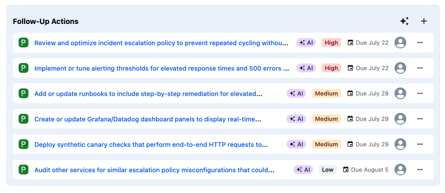 PagerDuty UI showing follow-up actions from a post-incident review