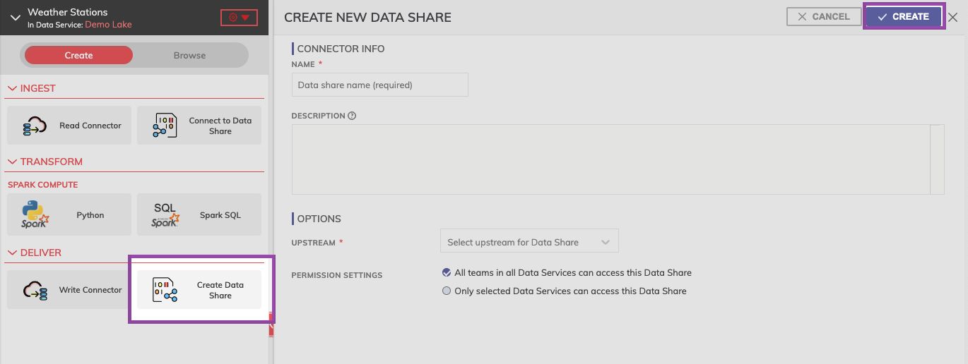 select new data share and then create