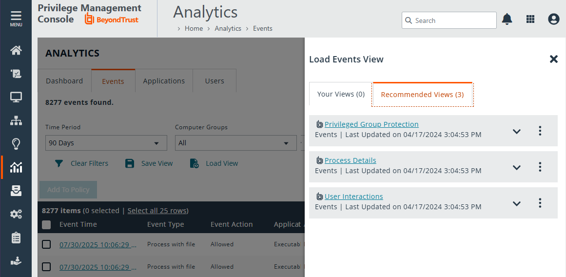 Recommended view in Events analytics