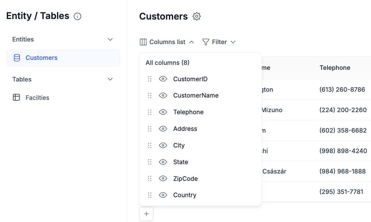 Columns list popover