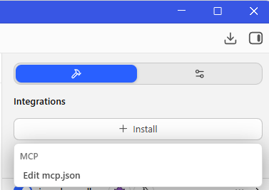 LM Studio right sidebar showing Integrations, Install, and Edit mcp.json