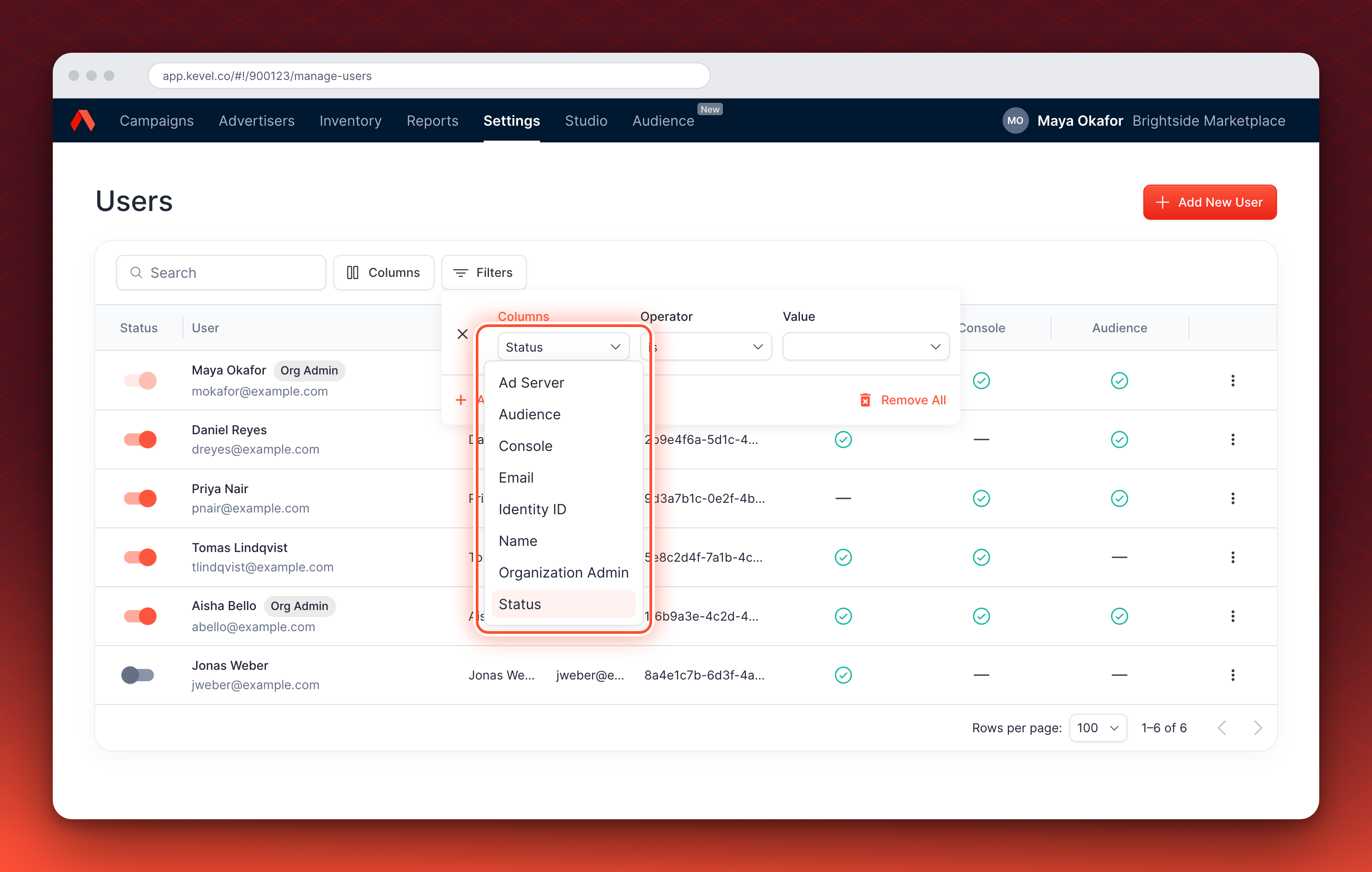 The Filters panel open on the Users page, with the list of filter columns open and circled: Ad Server, Audience, Console, Email, Identity ID, Name, Organization Admin, and Status.