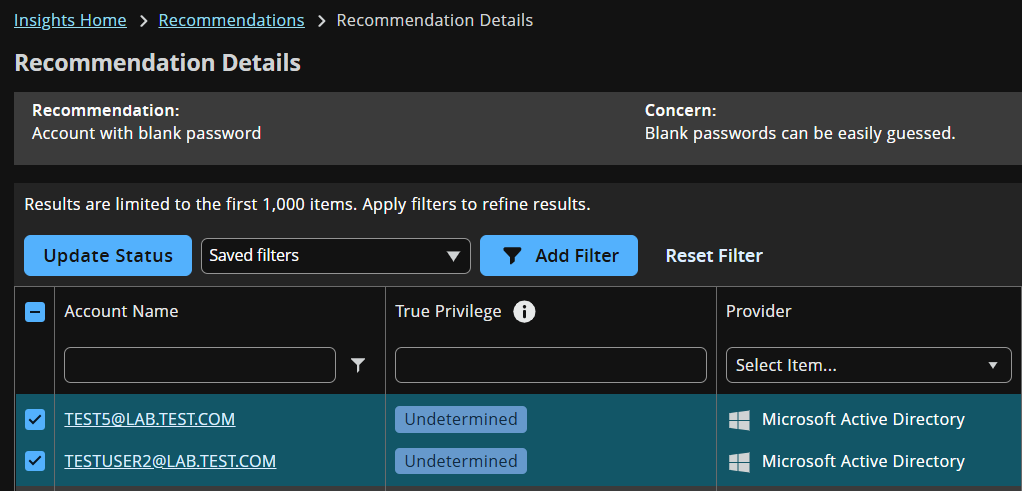 Recommendation details page with users selected