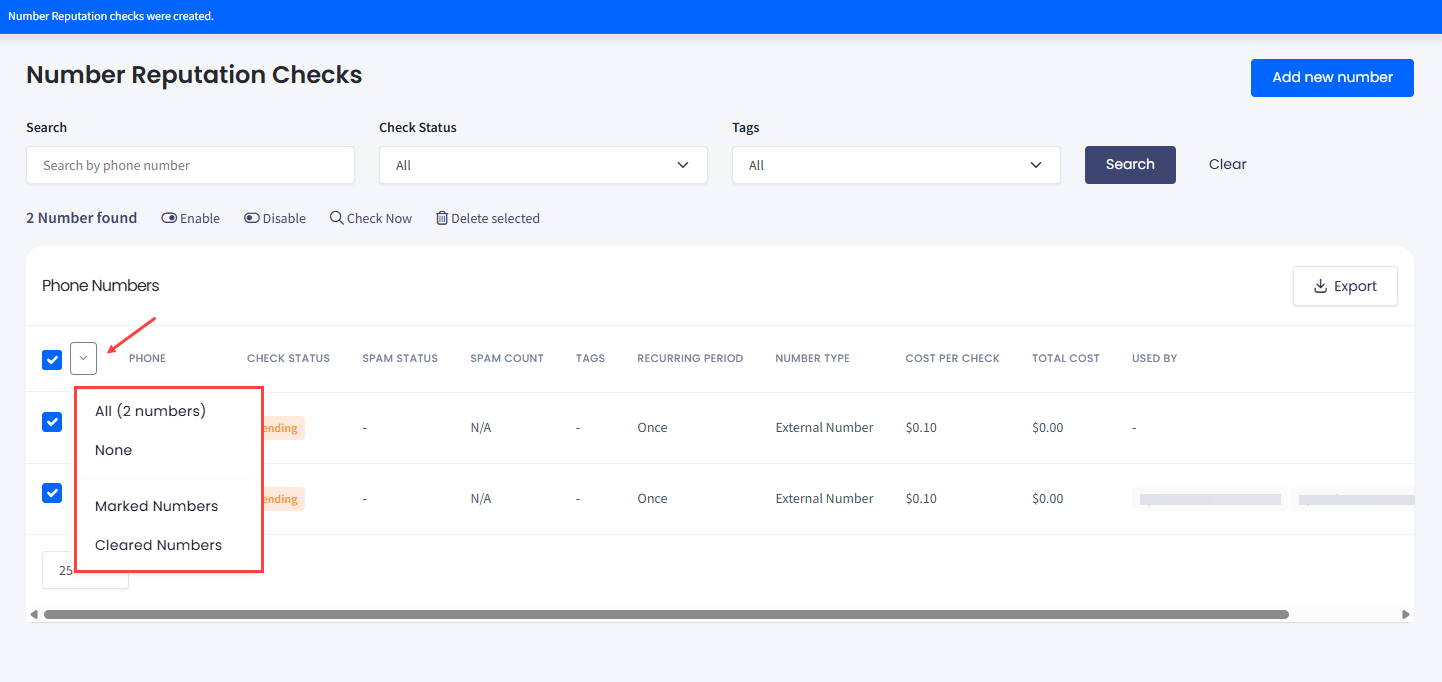 Screenshot of bulk phone numbers management