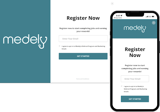 Web and mobile view of Medely's registration-based landing experience