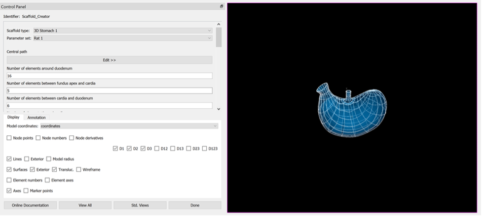 Figure 9. _Scaffold Creator_ configured for a rat 3D stomach scaffold, the view has been manipulated to show a non-default view