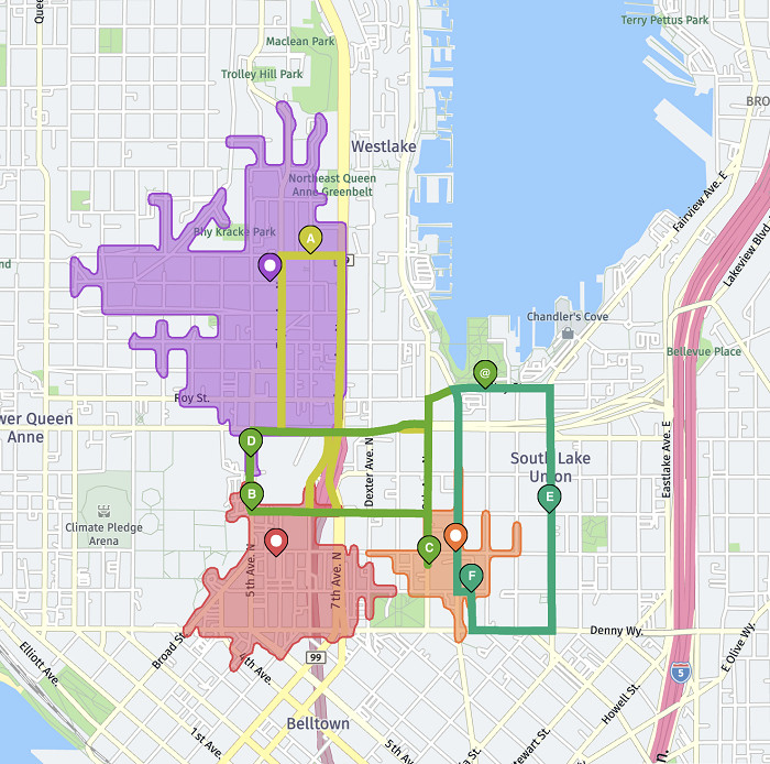 Solution for prioritized territories with car_1 (yellow tour), car_2 (light-green tour) and joker (dark-green tour)