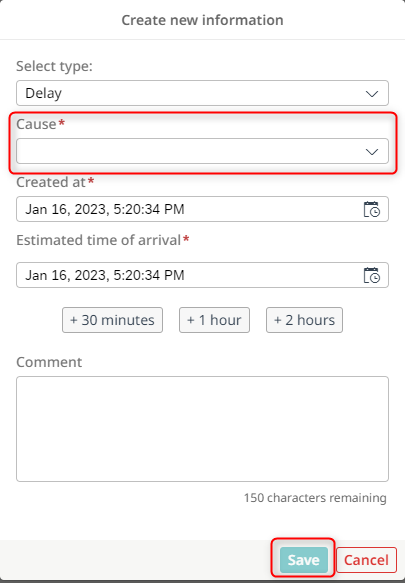 After entering a cause, the delay can be saved